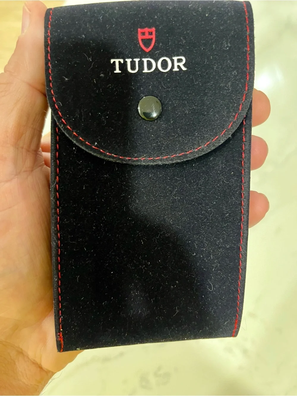 Authentic Tudor Black Velvet Pouch with Red Stitching for Travel & Service.